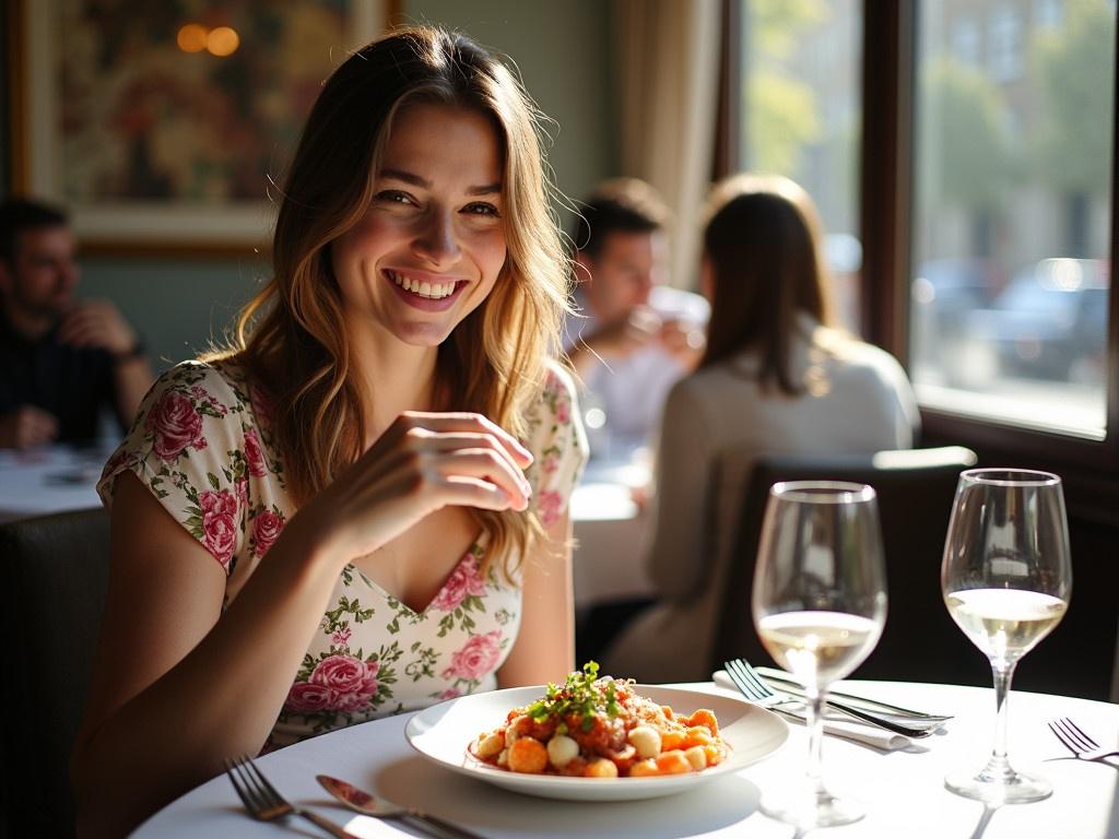 A young woman with flowing hair is sitting at a table at Carluccio’s, a Michelin 2-star restaurant in London, enjoying her lunch. She is dressed in a stylish floral dress that complements the elegant decor of the restaurant. The table is elegantly set with fine cutlery and a glass of wine beside her plate, which is beautifully presented Italian cuisine. Sunlight streams through the window, highlighting her joyful expression as she takes a bite of her meal. In the background, you can see other diners enjoying their food, creating a vibrant and upscale atmosphere.