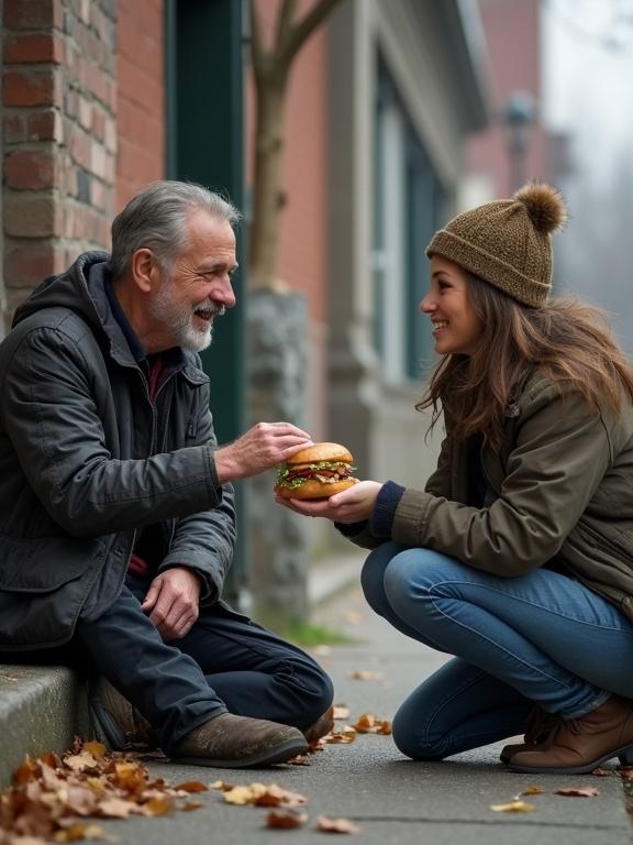 A woman hands a sandwich to a homeless man sitting on the street. They share a moment of connection and kindness. The scene is set in an urban environment with autumn leaves around. The mood is warm and compassionate.