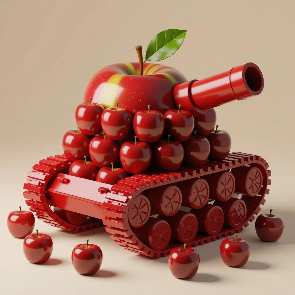 Isometric view of a tank made entirely of glossy red apples. Apples arranged in a tank shape with visible stacking logic. Sliced apple rings form the tank treads. Cannon composed of vertically stacked apples. Studio lighting enhances glossy apple texture.