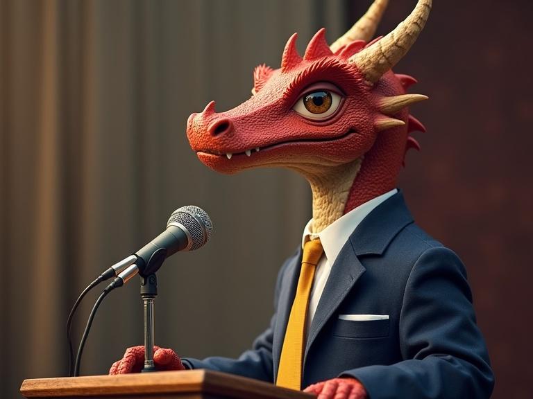 Image of a dragon standing at a microphone and lectern. Dragon appears as a security guard. Features rich maroons, navy blues, and pale yellows in color palette.