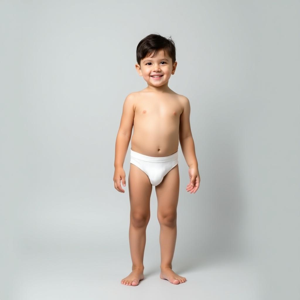 Image of a young boy standing upright against a light gray background. He wears white underwear and is barefoot. Soft lighting creates a calm atmosphere. The boy's pose is confident and relaxed, showing playfulness and innocence. The style is minimalistic, focusing on the subject.