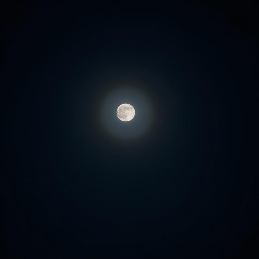 Night sky only shown. Realistic view of the moon shining brightly. Straight up perspective with dark surroundings. Old camera used for capturing this image.