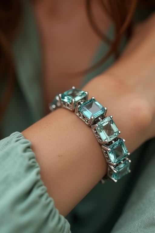 Aquamarine bracelet featuring emerald cut stones worn by a model's wrist. Close-up image showcasing the jewelry details.