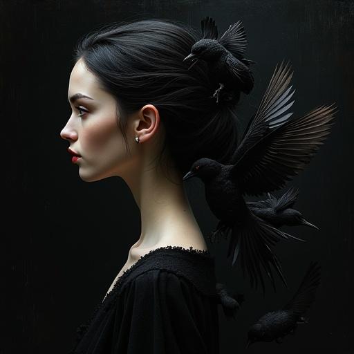 Portray a graceful young elf woman with coal black skin and red glowing eyes. Show her looking over her shoulder with a bun hairstyle. Integrate black birds and feathers into her hair, creating an elegant look. Include floating black feathers and use a scratched dark metal background with minimal color.