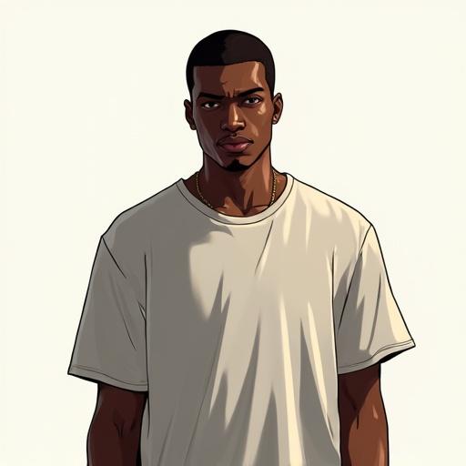 A black male character in a full frontal view wearing a solid color t-shirt. Background is absent. Lighting is bright with no shadows. Style resembles Grand Theft Auto's cover art. Character has no accessories or necklace. The focus is on the upper body and torso.