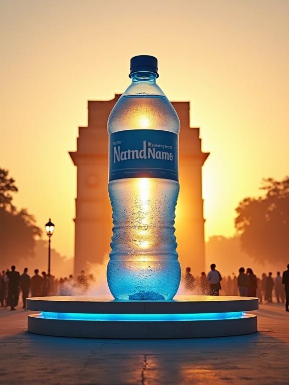 Cinematic ultra-realistic wide shot at India Gate during golden hour. Giant branded water bottle stands tall on circular concrete platform. Bottle is glossy and transparent with water droplets. Blue ambient glow under the slab. Golden sunlight casts long shadows. Crowd gathered in awe.