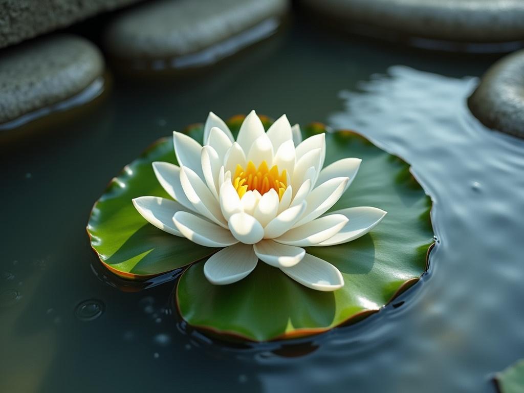 A serene water lily floats gracefully on a large green leaf. The water lily has multiple layers of delicate, white petals, arranged in a beautiful spiral. The center of the flower has a hint of yellow, accentuating its soft, elegant look. Below, the surface of the water is slightly rippled, reflecting soft lights and shadows. The background consists of smooth stones that add a contrasting texture to the serene scene. This tranquil image evokes a sense of peace and natural beauty.