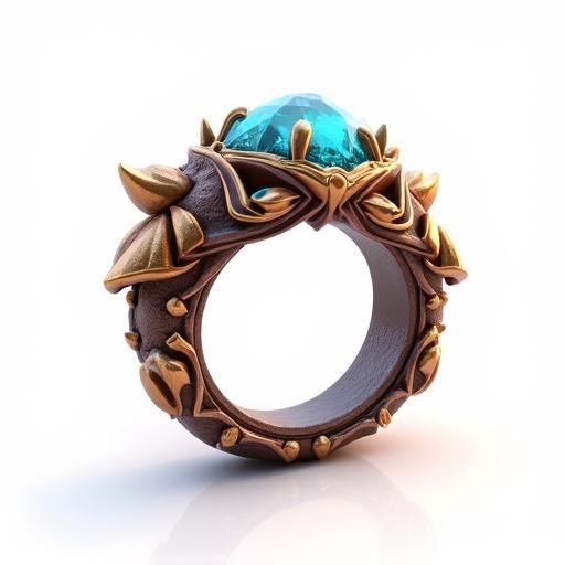 A fantasy-themed ring with intricate designs and a large teal gemstone. Showcased isolated on a transparent background. No shadows. Neutral lighting highlights the details. Shop as if with a 50mm lens, f/2.8, with a crisp depth of field.