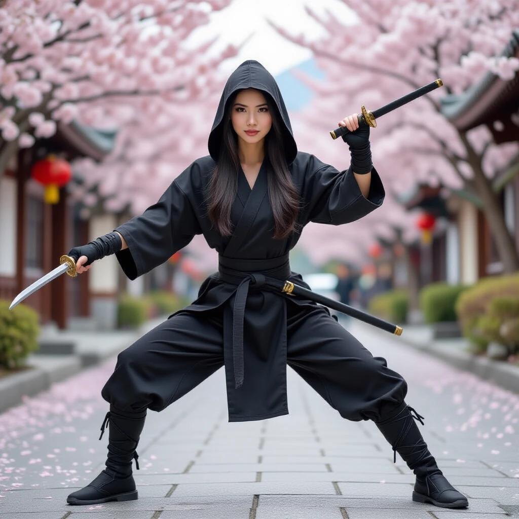 Beautiful Asian woman wearing a black ninja costume stands in an action pose. Two swords are in her hands. Background features cherry blossom trees.