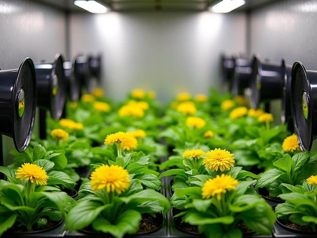 This image shows a well-organized indoor garden setup. There are lush green plants with bright yellow flowers in the foreground, arranged neatly in rows. On either side of the plants, there are black oscillating fans that help circulate air. The background consists of a smooth metallic wall with a subtle grid pattern, illuminated by soft overhead lights. The overall atmosphere presents a tranquil, thriving environment for the plants to grow.