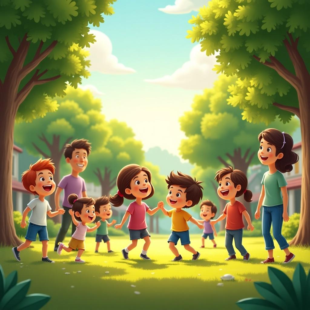 Children playing together outdoors with adults. Joyful interactions among family and friends in a park setting. Warm atmosphere with bright colors.