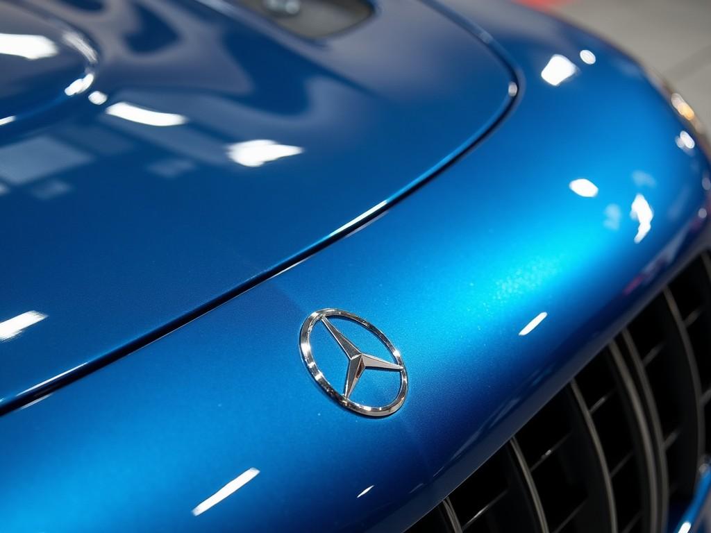 The image captures the front portion of a sleek, metallic blue car, highlighting the emblem prominently. The smooth curve of the car's hood and the strategically placed lighting create a sophisticated ambiance. The glossy finish of the car surface beautifully reflects the surrounding light, enhancing the luxurious feel of the vehicle.