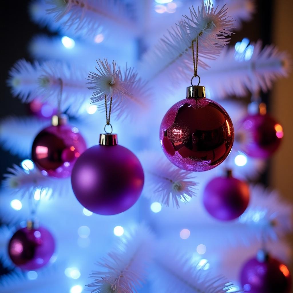 Close-up of a white Christmas tree. Adorned with pink and red Christmas balls. Soft blue lights illuminate the tree. The scene evokes holiday joy and spirit. Inspires seasonal decor ideas.