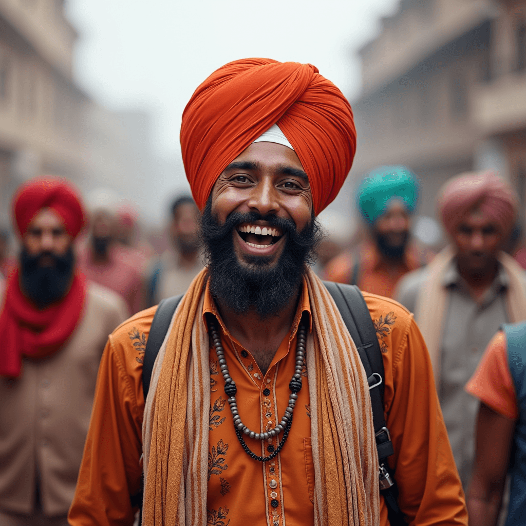 A smiling man in an orange turban surrounded by people on a bustling street.