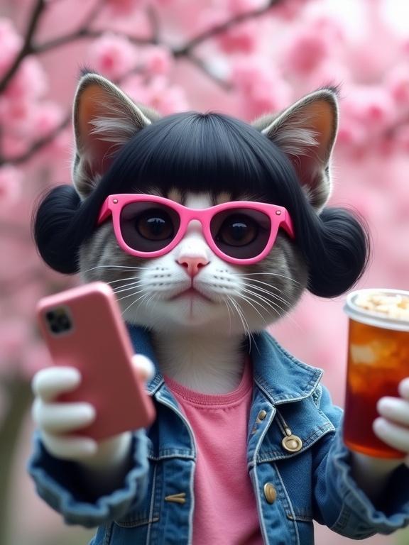 A cat taking a selfie with a smartphone. The cat has gray and white fur, wearing pink sunglasses and a black wig styled in pigtails. Dressed in a denim jacket and holding a drink. Background features a cherry blossom tree in bloom.