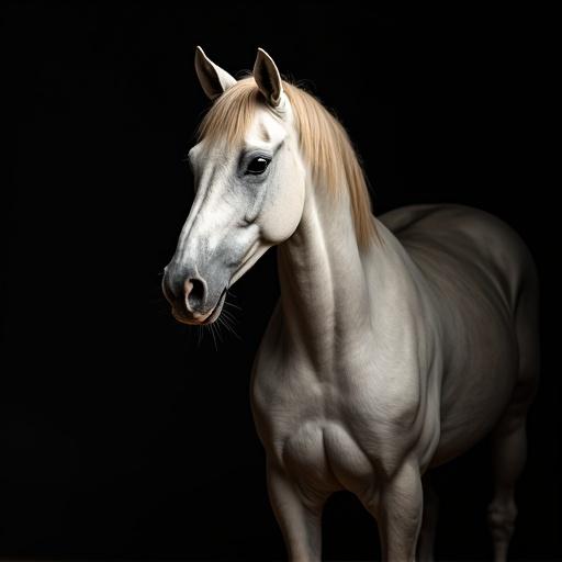 Image of a horse against a black background. The horse has light-colored coat. The horse displays strong musculature and elegant features. Focus on the horse's head. The image conveys grace and strength.
