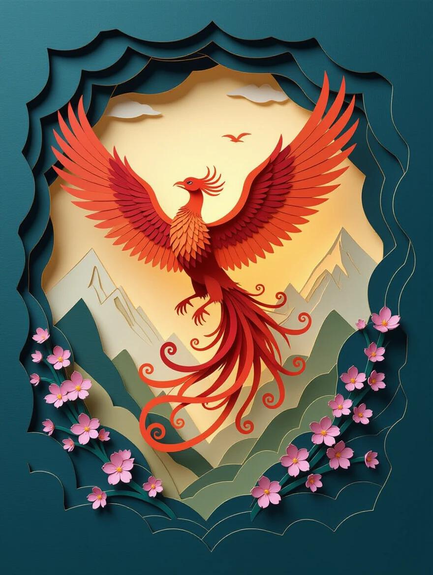 A phoenix rises from layers of colored paper. Each feather and flame is cut from separate paper layers. The bird is surrounded by cherry blossoms. Dramatic lighting casts shadows between layers. The artwork features depth from foreground to background. The style merges silhouette animation and contemporary paper illustration. A stop-motion paper aesthetic is showcased.