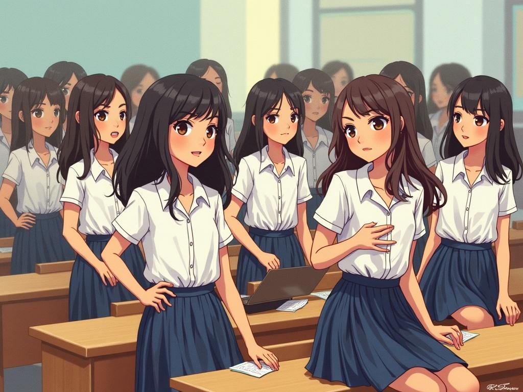 Realistic detailed painting of a classroom filled with identical women. All wearing striped shirts and low-rise skirts. Bokeh effect adds depth to the image.