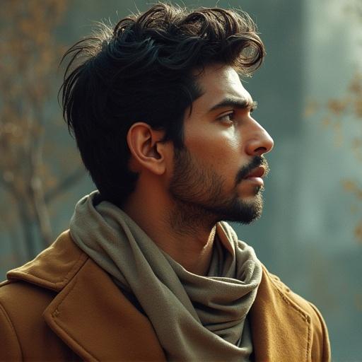 Male subject with stylish hair wearing a coat and scarf. Captured in a soft light setting with warm tones. Profile view showing a thoughtful expression.