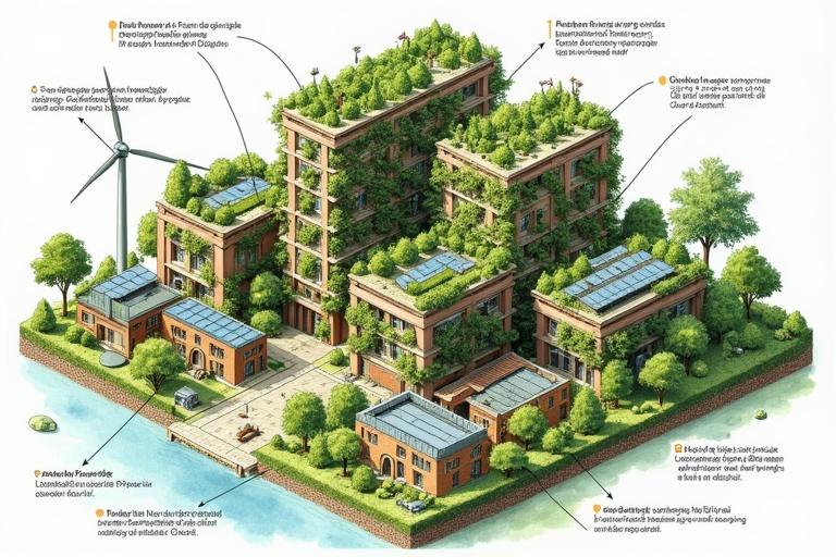 Isometric illustration of a sustainable city with nature. Displays vertical farms wind turbines and solar panels. Shows a circular food system with livestock. Includes greenhouses and natural water filtration. Features diverse housing styles. Watercolor style presents the environment. Contains Dutch text labels for each element. Building walls covered in greenery. Scene reflects harmonious architecture and nature integration. Surrounded by trees and open spaces. Focuses on sustainability and eco-friendliness.