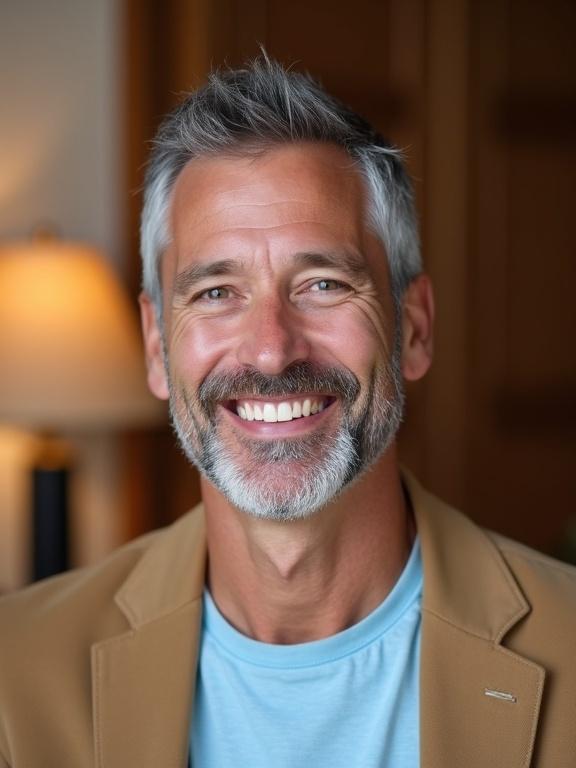 Photograph of a middle-aged man. He has short gray hair and a beard. He smiles widely showing white teeth. He wears a light blue t-shirt and a tan blazer. The background is blurred with warm lighting from a lamp and a wooden door. The atmosphere feels warm and inviting.