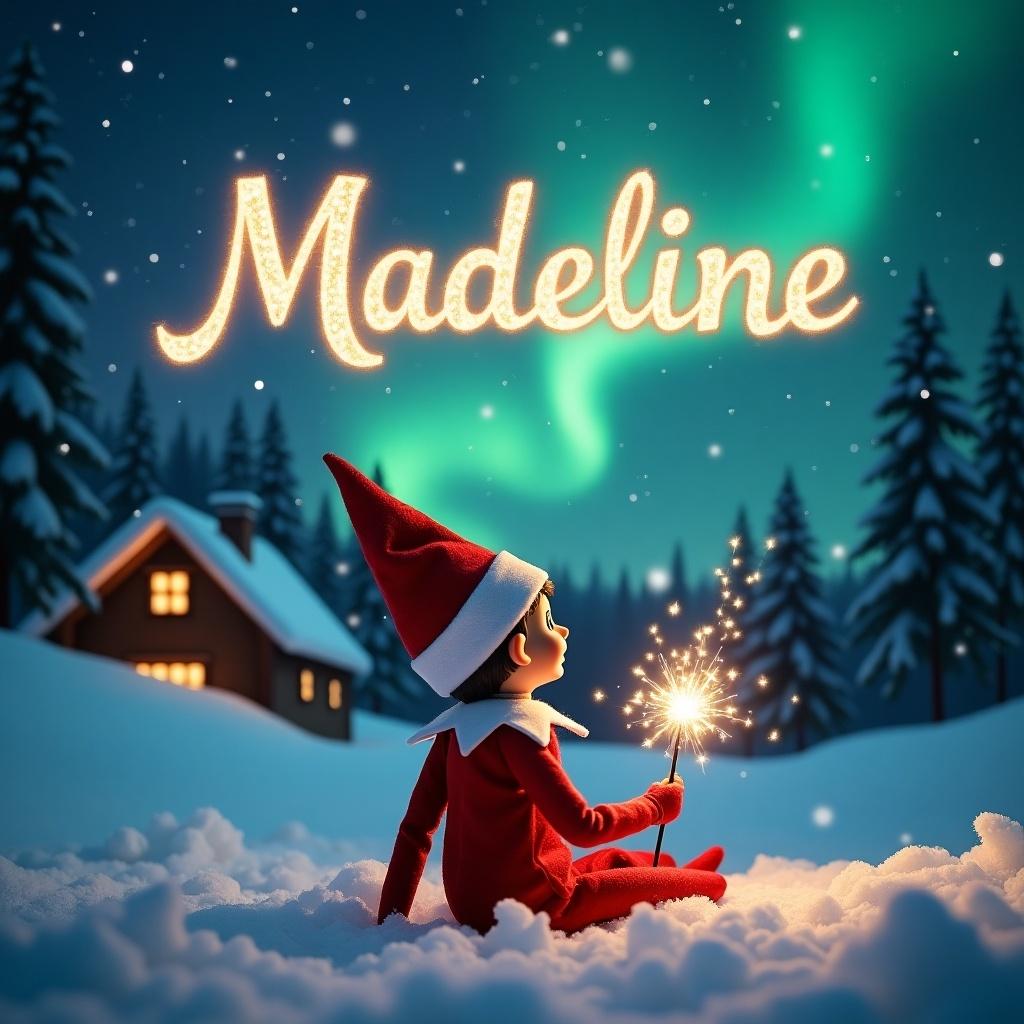 An elf on the shelf is seated on a snowy ground, with his back facing the viewer as he gazes upward. He holds a shimmering magic wand, enchanting the night sky. Above him, the name 'Madeline' is written in elegant, sparkling letters amidst a backdrop of vibrant northern lights. The scene is magical, embodying the essence of Christmas, with soft snow covering the landscape and a cozy cabin visible in the background. The entire atmosphere radiates warmth and festive spirit that captures the joy of the holiday season.