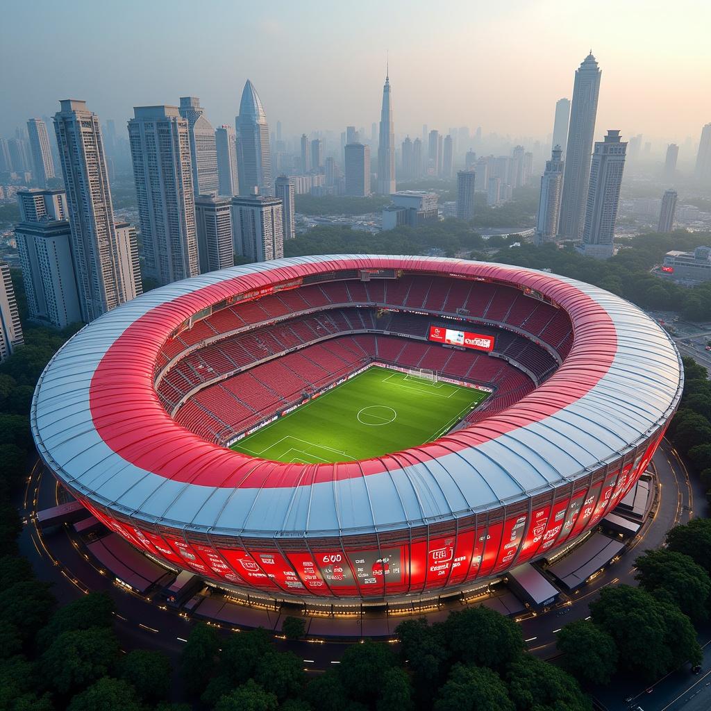 Futuristic soccer stadium with 200000 capacity. Red and white ornament signifies Indonesian Flag. 360 digital score screens inside the stadium. Surrounded by skyscrapers.