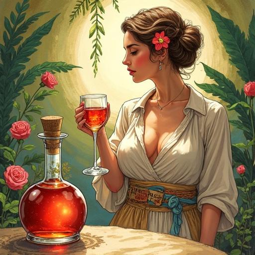 Vibrant ink and watercolor illustration of a speakeasy scene. A voluptuous woman in a boho blouse and wrap-skirt holds a glass of reddish herbal liqueur to toast. Her hair is in a bun with a flower. Wildflowers and green plants surround her. Lower foreground has a stylish spirit bottle labeled 'ALFRUNO'. The illustration reflects earthy tones and whimsical mixed media style.