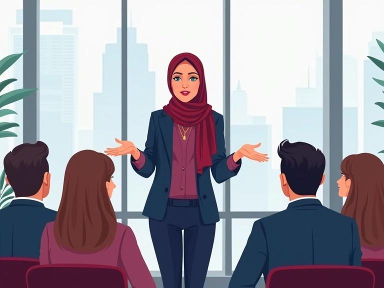 Illustration depicting a confident Muslim woman in smart casual attire with hijab. She is standing in a corporate meeting room delivering a speech to a diverse audience with various ethnicities, ages, and genders. The color scheme uses rich maroons and navy blues.