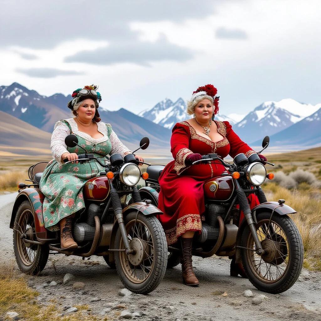 Realistic photograph. Full frame of two strange motorcycles with sidecars designed in 1840. Made of rusty, faded, dirty metals and rotten woods. Intricate details. Old rubber tubes. Two beautiful, plump, pale women with rare clothing, leather helmets, and old brocade boots. Cold, haughty expressions. Old, dirty street in London in 1725.