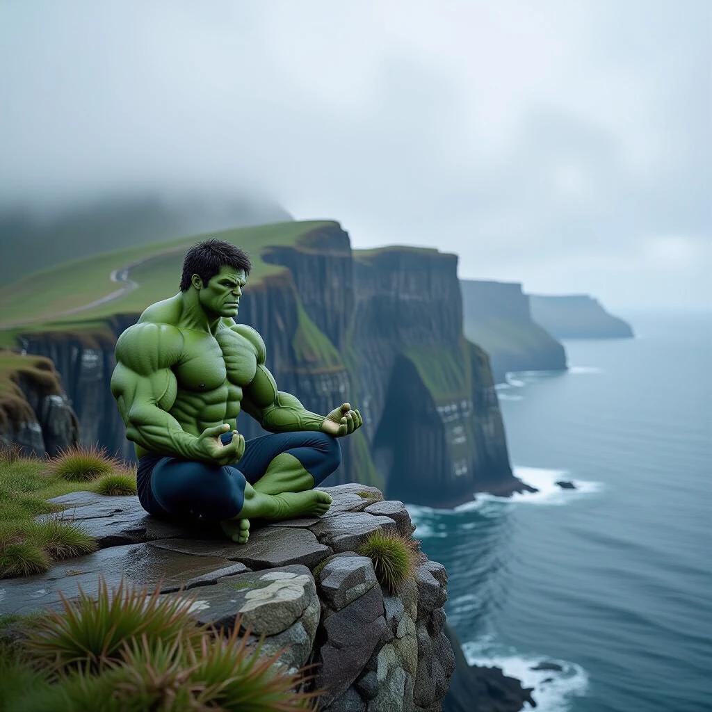 The Hulk sits in a yoga pose on a rock at a cliff's edge. Seaside view with a cloudy sky. Grass and plants grow around the cliff. His eyes are closed looking towards the sea. Mountain range surrounds the area with fog covering parts.