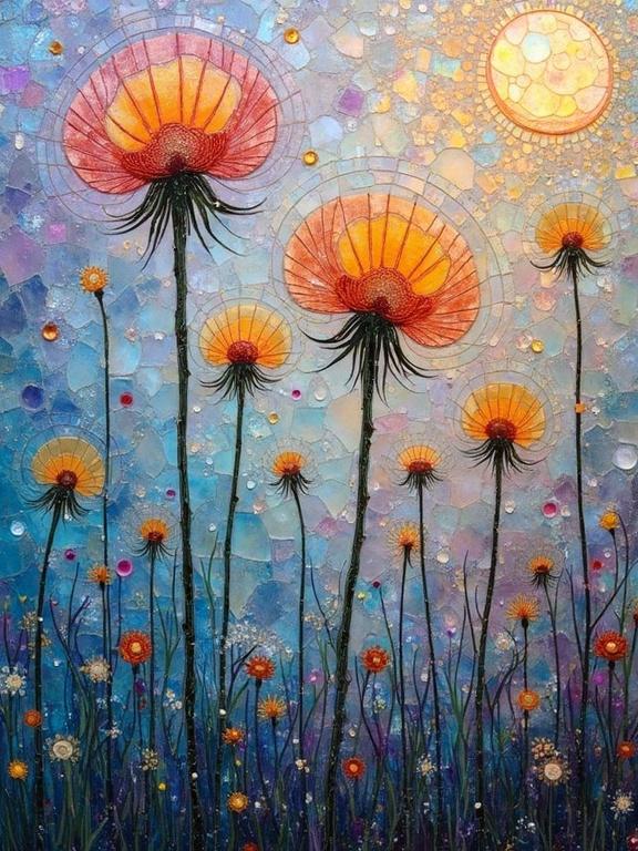 Abstract floral composition featuring iridescent ceramic tile and glass mosaic. Bright dandelions rise towards a glowing sun. Encaustic mixed media create depth and texture.