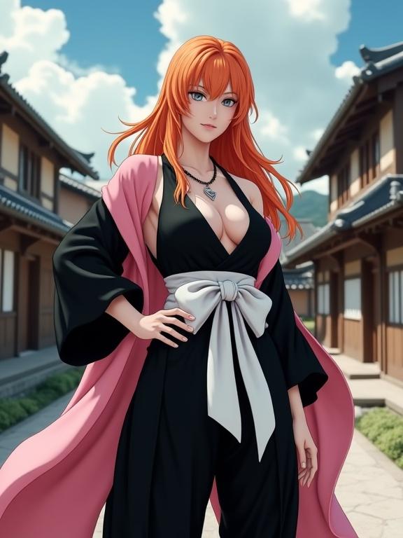 A full-body portrait of a woman with long orange hair and grey eyes. She wears a low cut Shinigami uniform. A large white bow at her waist. A flowing pink scarf drapes over her shoulders. Confident pose with one hand on her hip. The setting is an old Japanese village with wooden buildings and a dramatic sky. Bright dynamic lighting highlights the clothing textures and the flow of hair.
