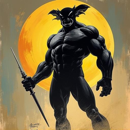 Image features a muscular character in a heroic pose. Character has an aggressive expression and is holding a spear. Background is a large yellow circle, creating a dramatic effect. Strong contrasts of black and yellow present.