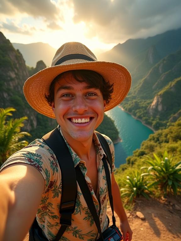 Close-up selfie of a young adult in tacky tourist clothes. Bright smile and wide eyes. Background shows an inspiring landscape with ancient ruins and a winding river. Harsh lighting creates shadows. Amusing visual contrast between the person and the environment.