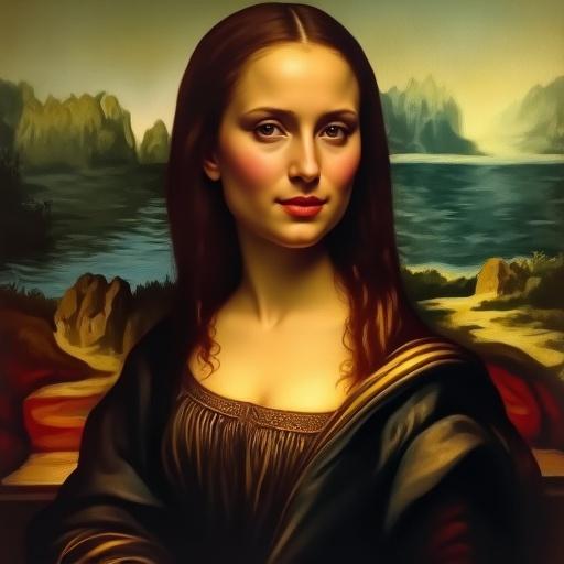 Digital oil painting style portrait of a woman with a mysterious smile. She sits indoors with a mountain landscape visible through a window. Warm earth-tone palette used in the artwork.