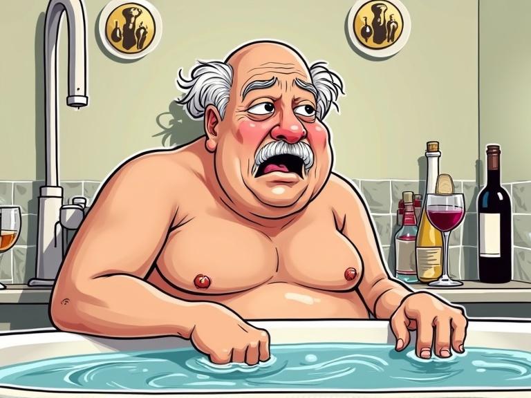 An exaggerated cartoon of a man expressing sadness in a bathtub. He enjoys a glass of wine. The image has a humorous tone. The style is playful and inspired by Al Hirschfeld. A vibrant touch is added by the bottles around him.