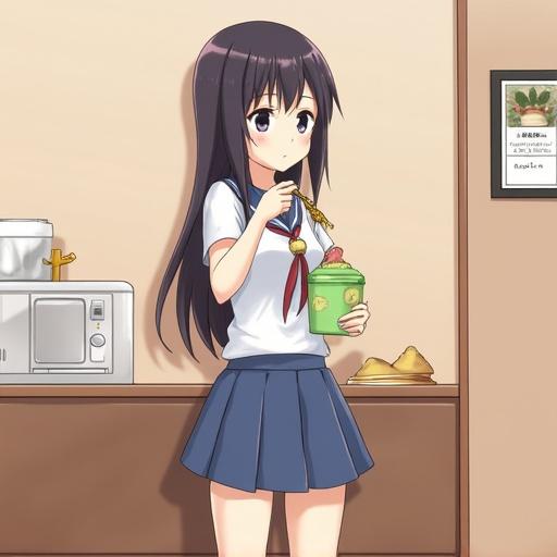 Illustration of a Japanese girl wearing a school uniform with a short skirt. She is enjoying a dessert while standing in a casual setting.
