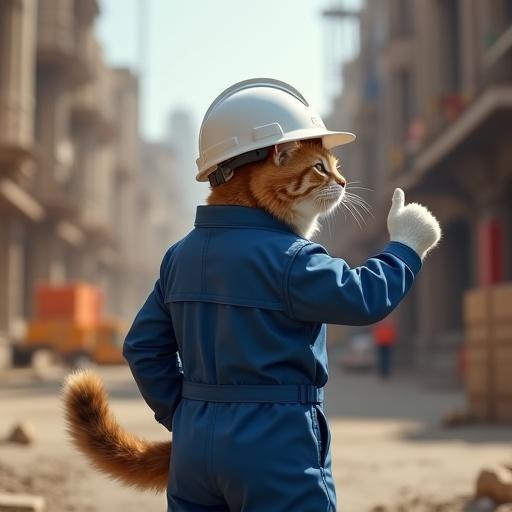 A semi-realistic cat stands in a construction site. Cat wears a white hard hat and a blue work uniform. Right paw points forward in a gesture of safety confirmation. Tail is slightly curved with a confident posture. Dramatic lighting adds to a comical and determined atmosphere.