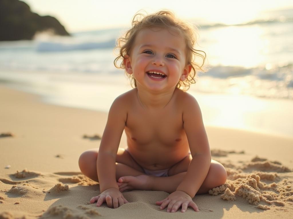 In a secluded beach setting, a person sits playfully in the sand, striking a cute pose. They have smooth skin with no body or facial hair, enhancing their youthful appearance. The soft sunlight creates a warm glow, illuminating the surrounding sandy landscape and gentle waves in the background.