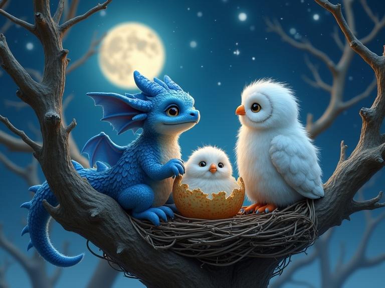 A cute little blue dragon hatches from its egg in a nest with fluffy snowy owl chicks. Snowy owls look at the dragon in amazement. It is a starry night with a full moon. The nest is on a branch of an old tree. Whimsical fantasy style.