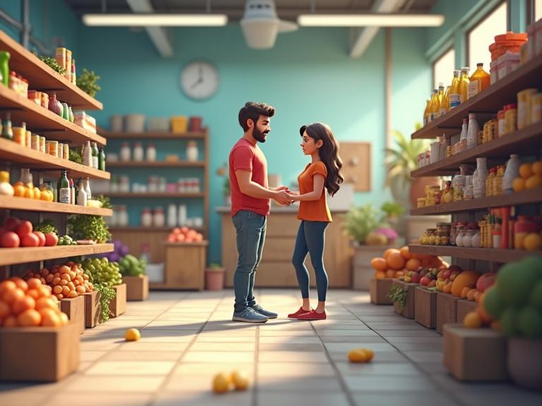A virtual supermarket entrance with people. A couple standing close, interacting. Shelves filled with groceries around them. Bright and colorful environment with natural lighting.