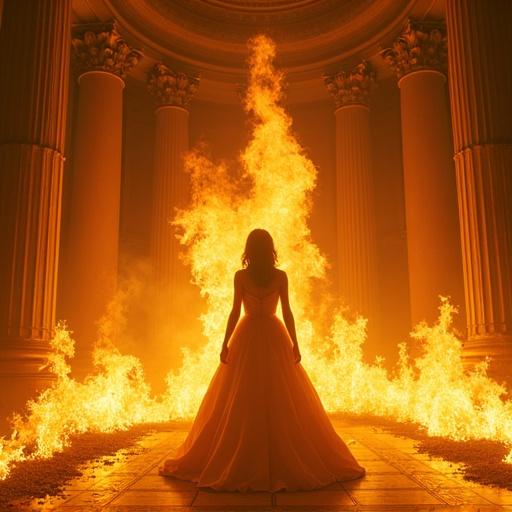A grand Corinthian hall filled with flames. A princess stands in a golden dress as the fire engulfs her. Vivid chaos and drama in the atmosphere. The scene captures the essence of destruction and beauty.
