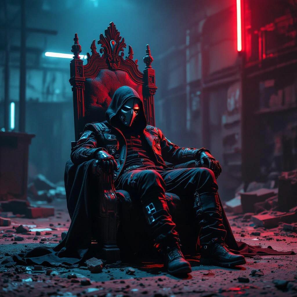 Portrait of a masked figure lounging on a crumbling throne in a dark warehouse. The figure wears cyberpunk clothing with red and blue ambient lighting.