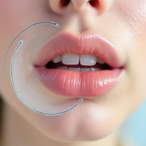 Close-up of a woman’s mouth showcasing beautiful lips. Soft lips with natural shine. Clear eyes and gentle expression. Magnified view emphasizing details of the mouth area.