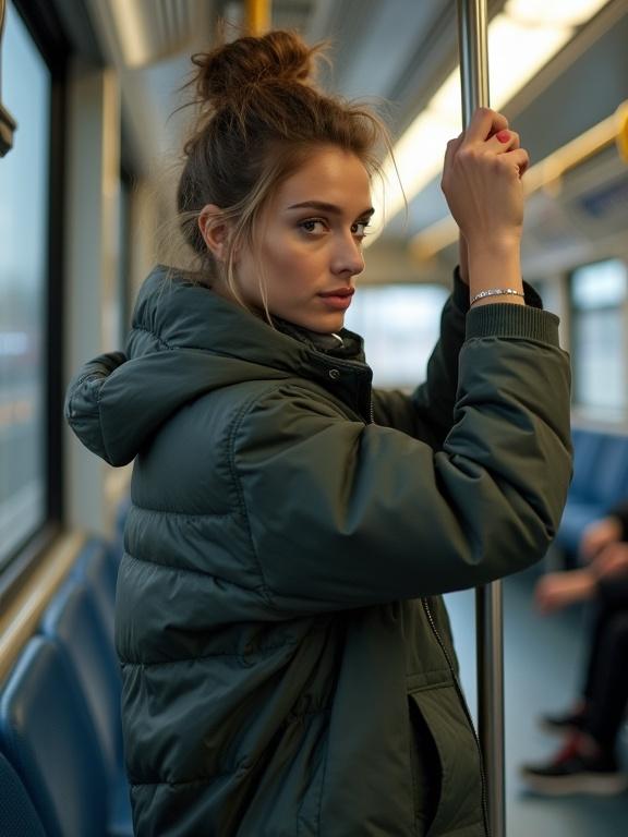 Amateur phone shot of a woman on a bus holding the rail. She has a messy bun and wears an oversized jacket with sneakers. The image is slightly tilted with motion blur in the background.