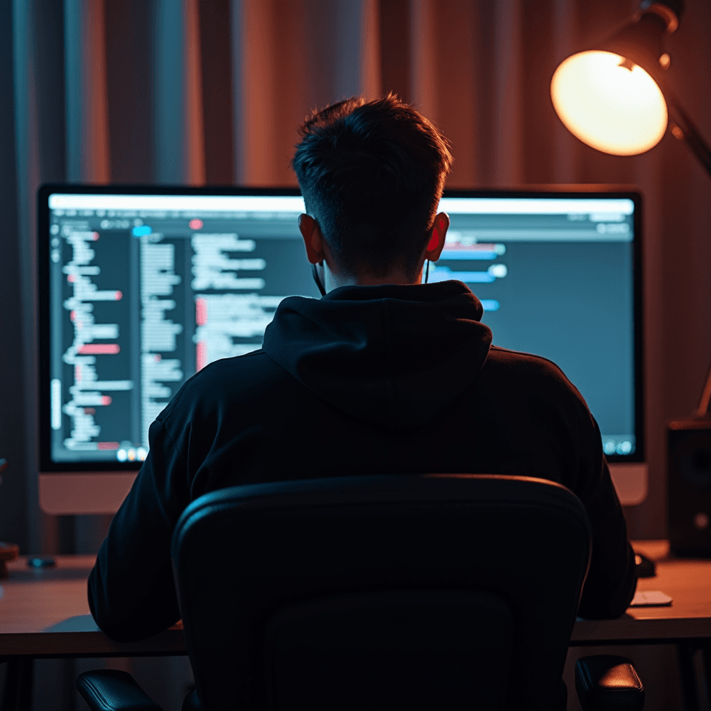 A person focused on computer programming in a dimly lit room.