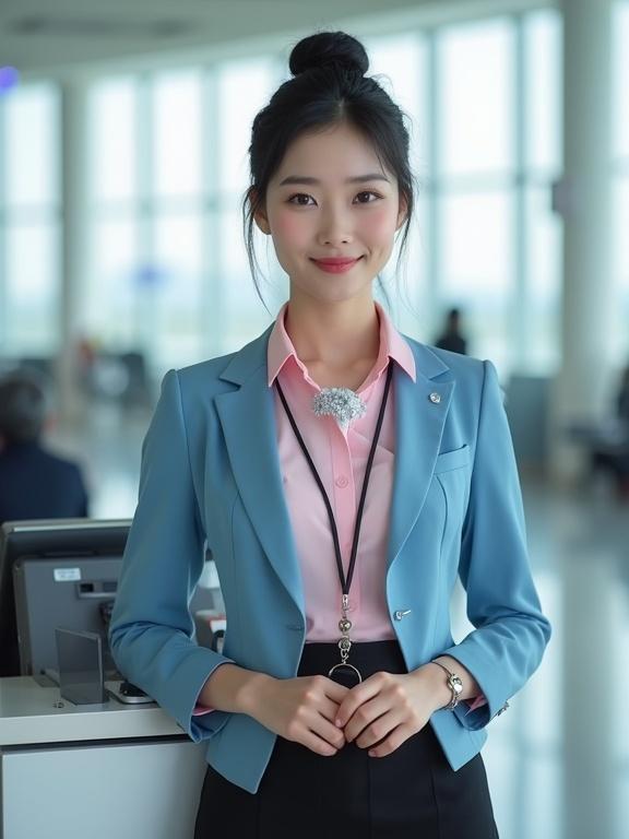 Mid-20s East Asian female airport ground staff in full body view. She wears a pastel-pink shirt tucked into a black skirt with an azure-blue blazer. A white silk scarf is tied under her collar. She has sheer black pantyhose and black low pumps. Her hair is in a neat bun. She stands next to a check-in kiosk, smiling and ready to assist passengers.