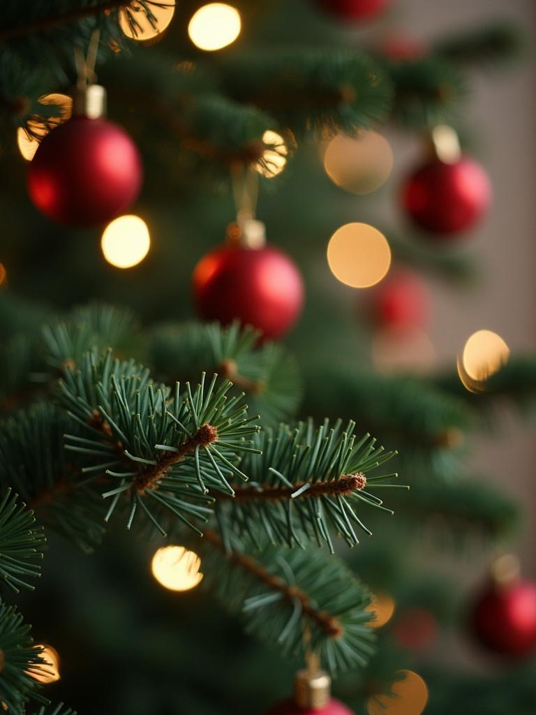 Partial close-up detail of a Christmas tree showing one branch in focus. Background shows blurred ornaments around the out of focus area. Soft warm lights create a festive atmosphere.