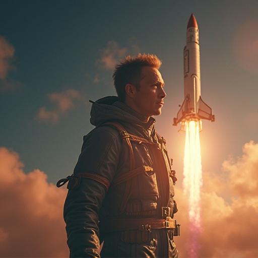 An individual appears linked to a large rocket ship. The rocket is taking off towards outer space. The background shows earth and a sky filled with clouds. The atmosphere conveys excitement and adventure.